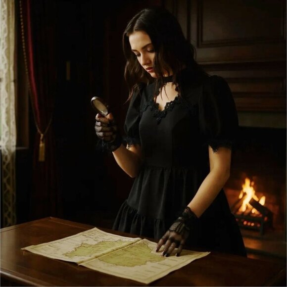 Angel Wing Doll Mini Dress Black Gothic Lace Up Back Puff Sleeve Elegant Alt S - Picture 6 of 8